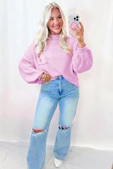 Pink Raw Edge Ribbed Detail Drop Shoulder Sweater Sweaters JT's Designer Fashion