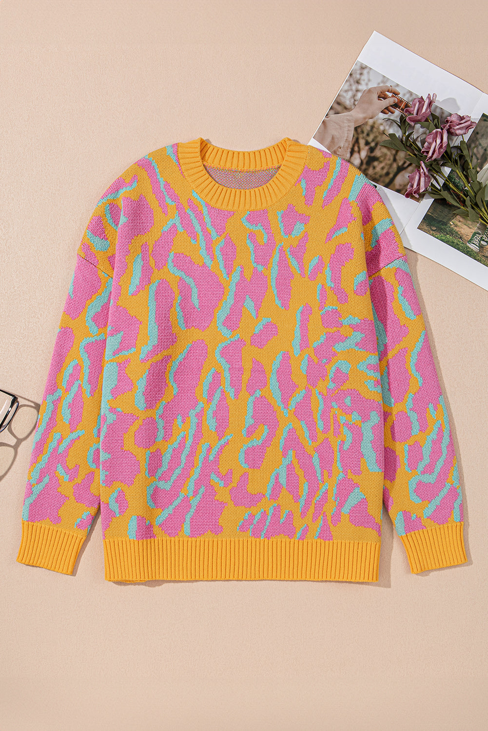 Bright Pink Plus Size Leopard Ribbed Trim Sweater Plus Size Sweaters & Cardigans JT's Designer Fashion