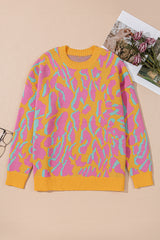 Bright Pink Plus Size Leopard Ribbed Trim Sweater Plus Size Sweaters & Cardigans JT's Designer Fashion