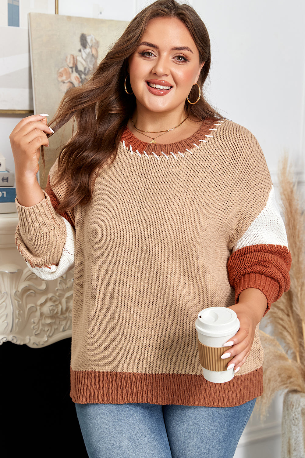 Light French Beige Contrast Stitch Detail Color Block Knitted Plus Size Sweater Plus Size Sweaters & Cardigans JT's Designer Fashion