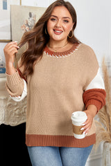 Light French Beige Contrast Stitch Detail Color Block Knitted Plus Size Sweater Plus Size Sweaters & Cardigans JT's Designer Fashion