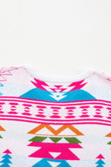 White Oversize Aztec Print High Low V Neck Sweater Sweaters JT's Designer Fashion