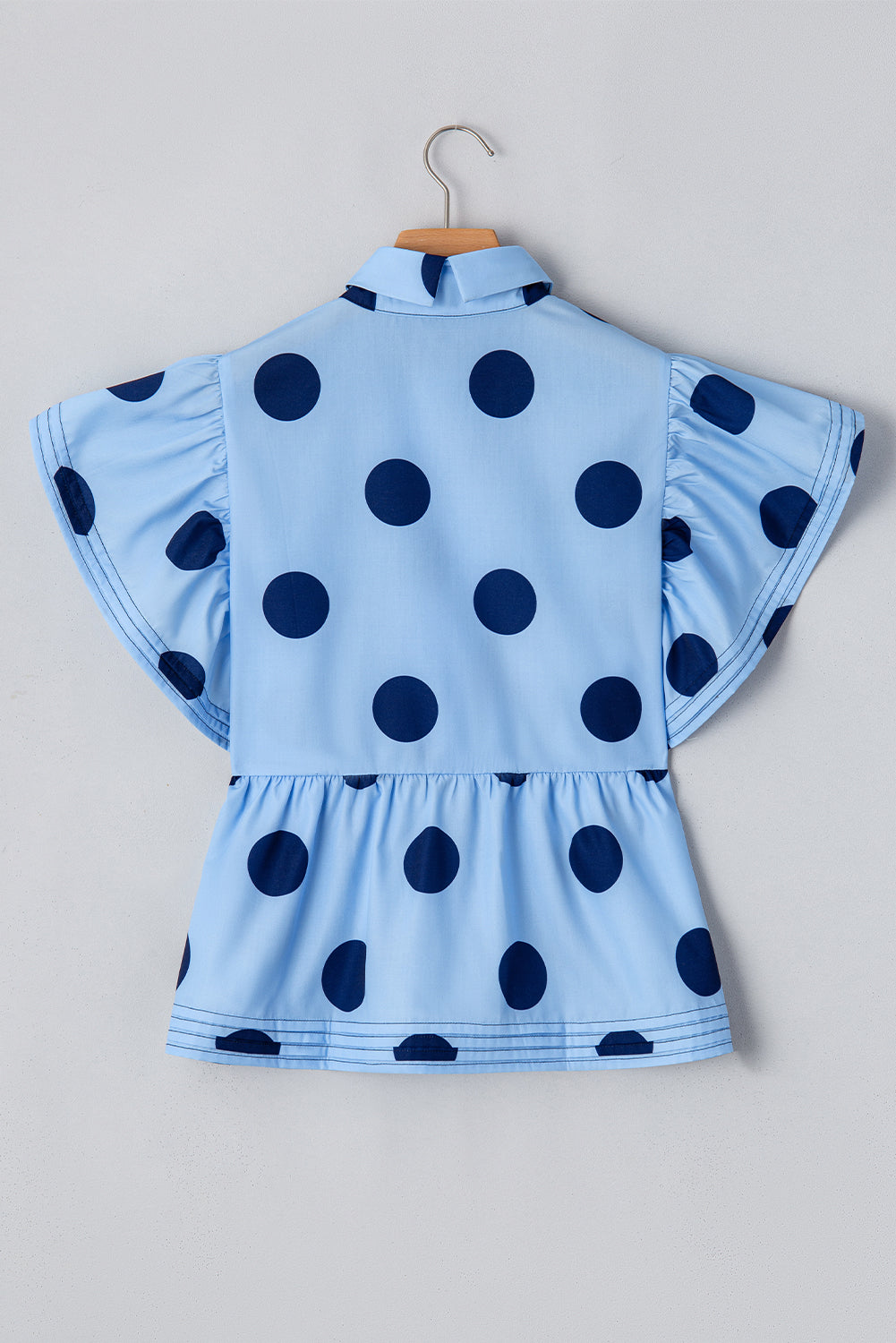 Sky Blue Polka Dot Print Ruffled Short Sleeve Buttoned Collared Blouse Blouses & Shirts JT's Designer Fashion