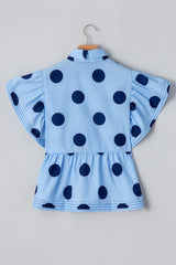 Sky Blue Polka Dot Print Ruffled Short Sleeve Buttoned Collared Blouse Blouses & Shirts JT's Designer Fashion