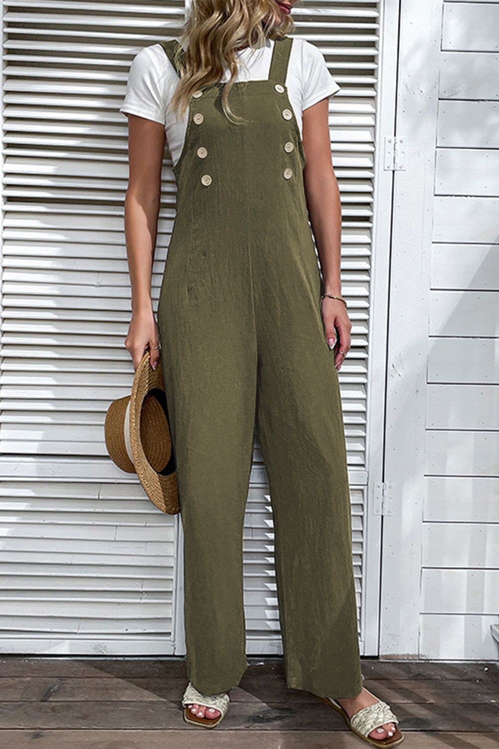 Jungle Green Solid Color Buttoned Straight Leg Overall Jumpsuits & Rompers JT's Designer Fashion