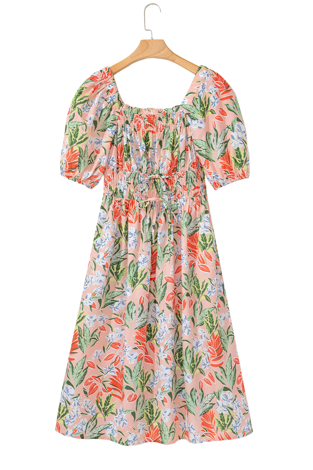 Apricot Pink Floral Smocked Bust Bubble Short Sleeve Long Dress Maxi Dresses JT's Designer Fashion