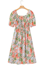 Apricot Pink Floral Smocked Bust Bubble Short Sleeve Long Dress Maxi Dresses JT's Designer Fashion