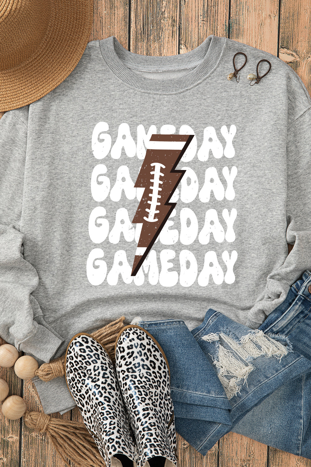Gray GAME DAY Lightning Rugby Football Print Pullover Sweatshirt Graphic Sweatshirts JT's Designer Fashion