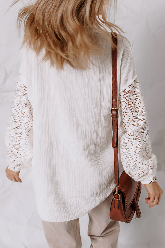 White Cotton Gauze Lace Patchwork Long Sleeve Shirt Blouses & Shirts JT's Designer Fashion