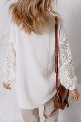 White Cotton Gauze Lace Patchwork Long Sleeve Shirt Blouses & Shirts JT's Designer Fashion