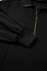 Black Fleece Lined Half Zipper Kangaroo Pockets Loose Hoodie Sweatshirts & Hoodies JT's Designer Fashion