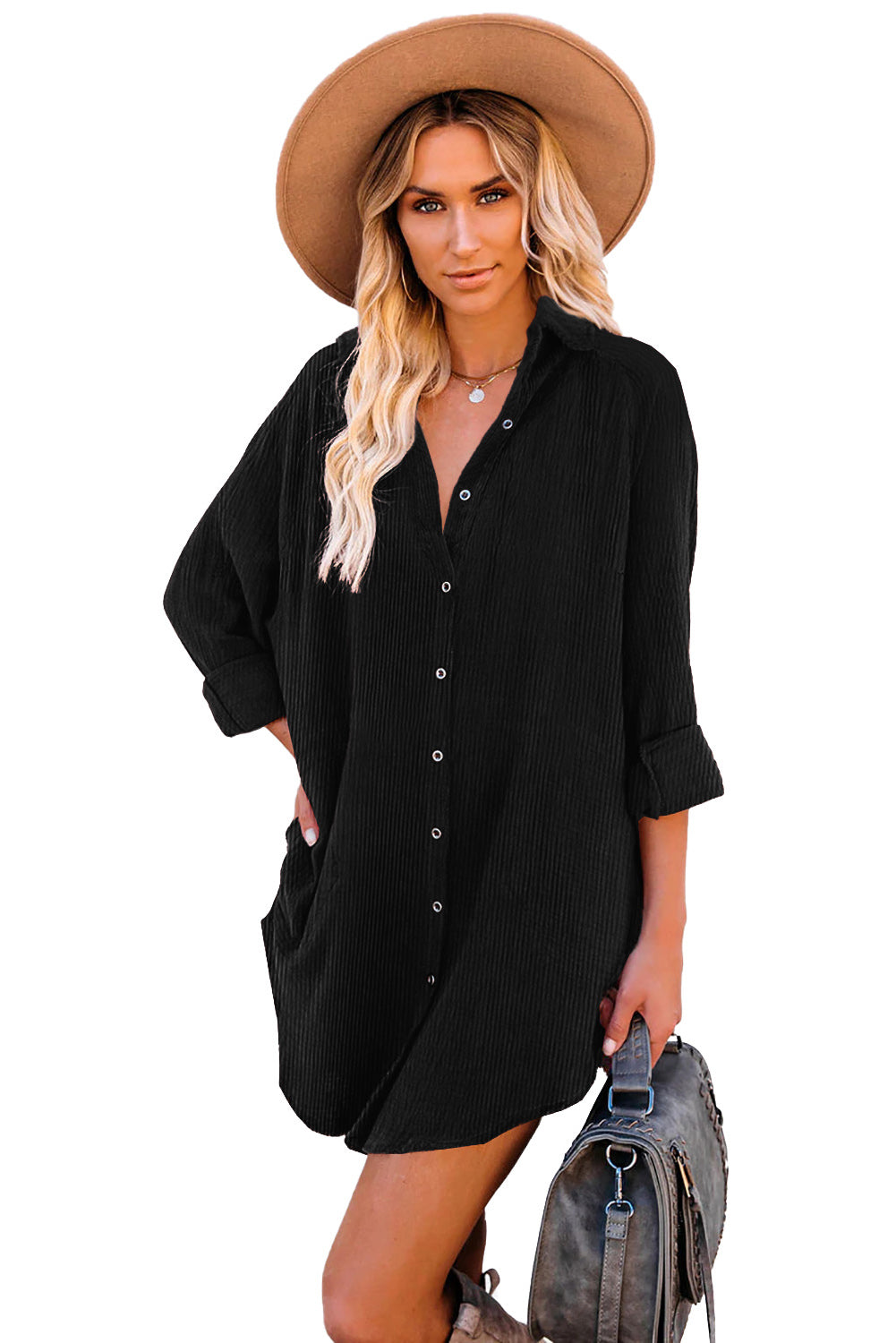 Black Corduroy Shirt Style Full Button Long Sleeve Shift Mini Dress Mini Dresses JT's Designer Fashion