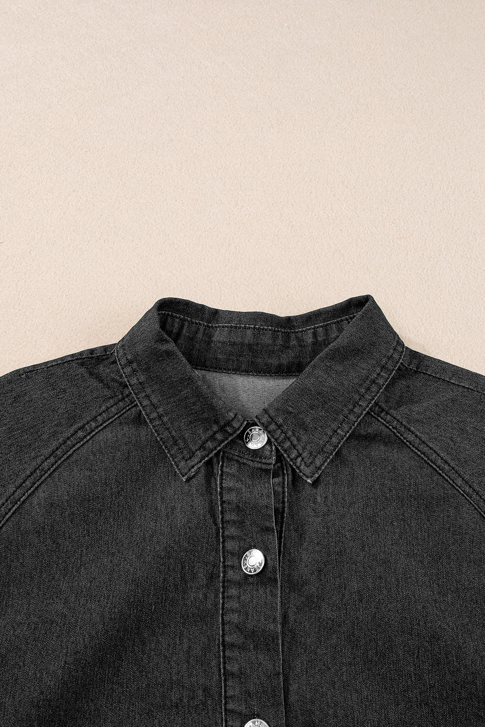 Black Frilled Short Sleeve Button Up Loose Denim Shirt Dress Mini Dresses JT's Designer Fashion