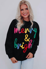 Black Colorful Merry & Bright Tinsel Graphic Sweater Sweaters JT's Designer Fashion