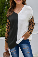 Leopard Print Contrast Color V Neck Sweater Sweaters & Cardigans JT's Designer Fashion