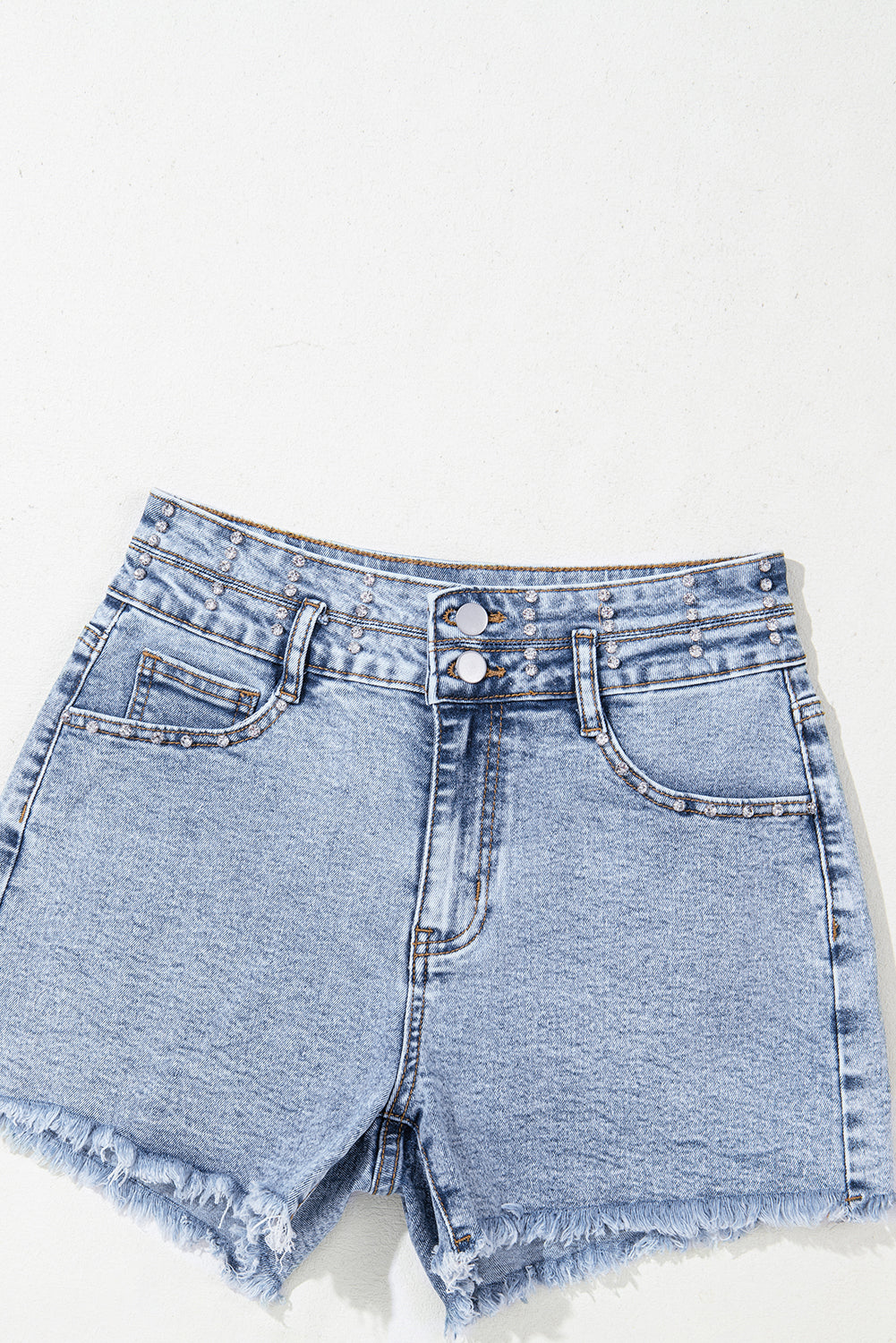 Beau Blue Rhinestone Light Wash Raw Hem High Waist Denim Shorts Denim Shorts JT's Designer Fashion