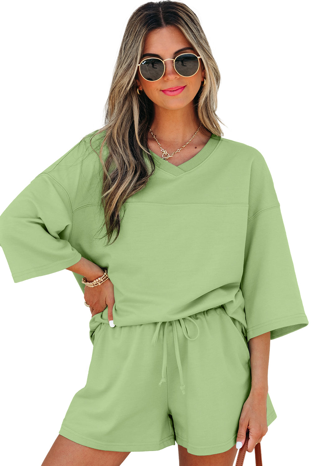 Meadow Mist Green Solid Loose V Neck Half Sleeve Tee and Shorts Short Sets JT's Designer Fashion