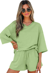 Meadow Mist Green Solid Loose V Neck Half Sleeve Tee and Shorts Short Sets JT's Designer Fashion