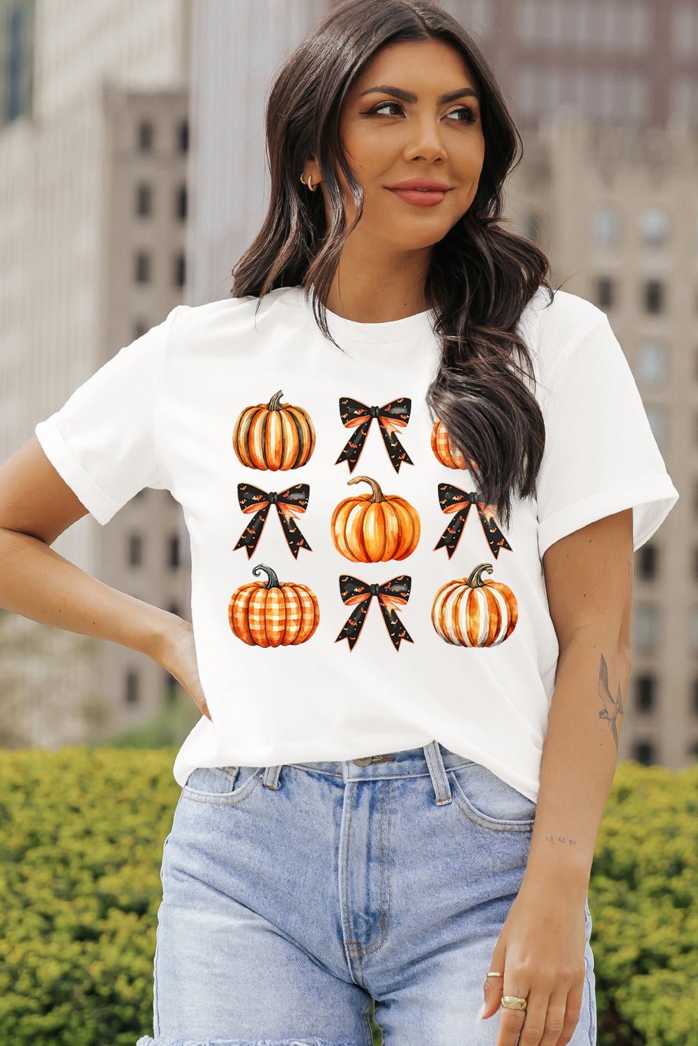 White Halloween Pumpkin Bow Knot Print Crew Neck Tee Graphic Tees JT's Designer Fashion