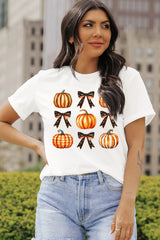 White Halloween Pumpkin Bow Knot Print Crew Neck Tee Graphic Tees JT's Designer Fashion