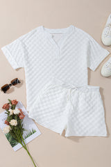White Textured Split Neck Top and Drawstring Shorts Set Short Sets JT's Designer Fashion
