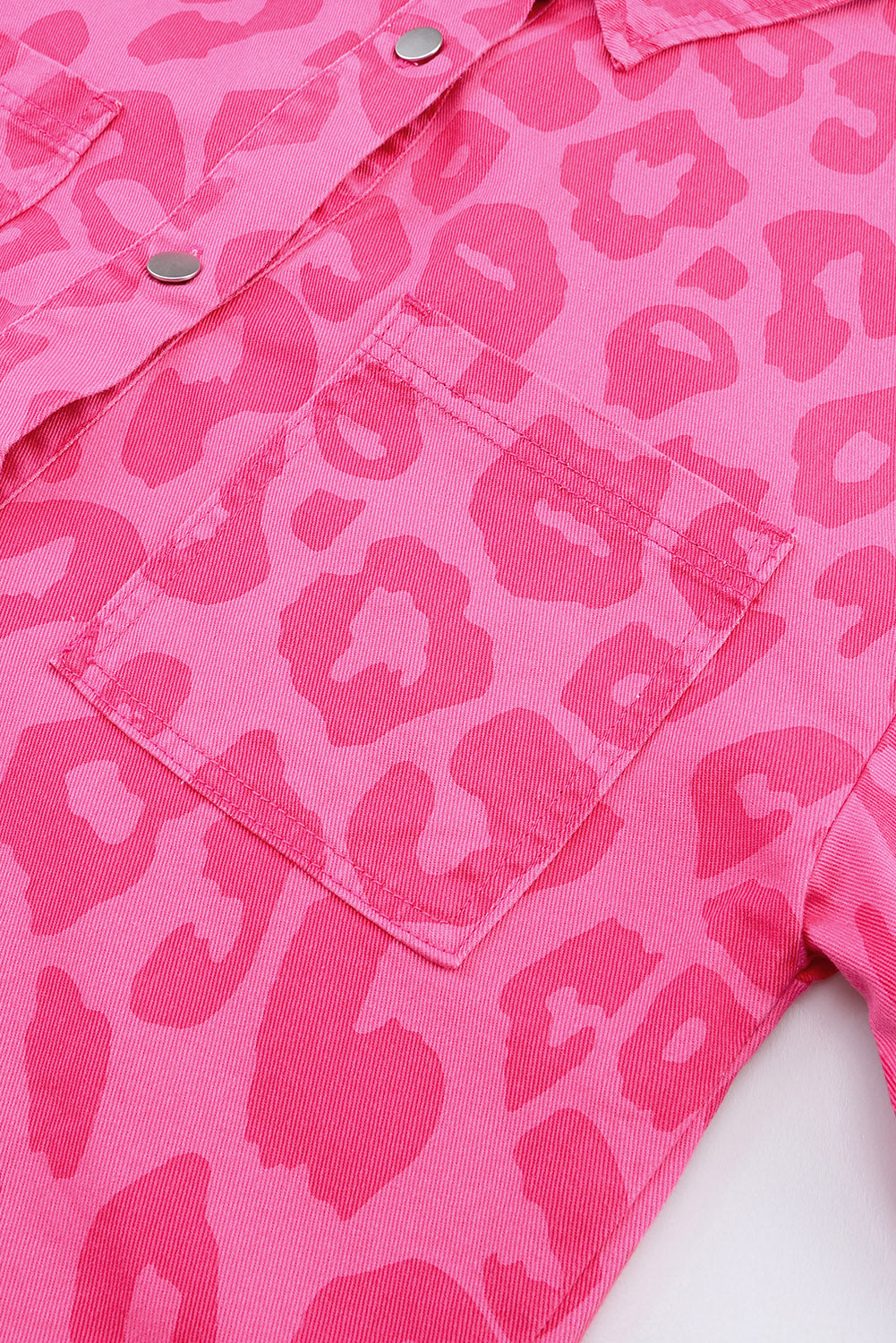 Pink Leopard Print Button Cuffs Raw Hem Jacket Denim Jackets JT's Designer Fashion
