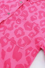 Pink Leopard Print Button Cuffs Raw Hem Jacket Denim Jackets JT's Designer Fashion