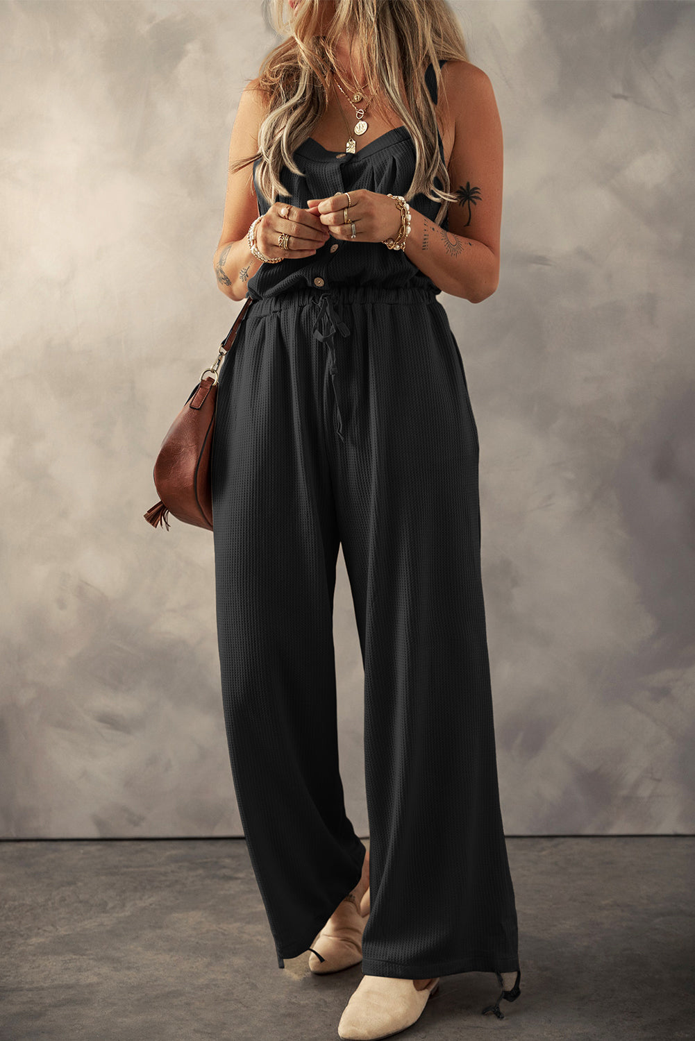 Black Knotted Straps Button Textured Drawstring Jumpsuit Bottoms JT's Designer Fashion