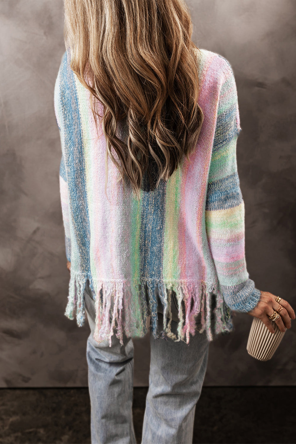 Purple Color Block Fringed Drop Shoulder Tunic Sweater Sweaters JT's Designer Fashion