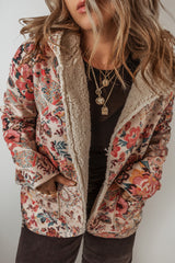 Beige Vintage Paisley Floral Printed Sherpa Lined Hooded Jacket Jackets JT's Designer Fashion