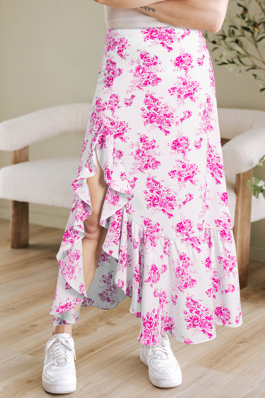 Rose Boho Floral High Waist Ruffle Split Maxi Skirt Rose 100%Polyester Skirts & Petticoat JT's Designer Fashion