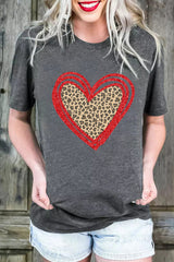 Gray Sequin Leopard Heart Graphic T-shirt Graphic Tees JT's Designer Fashion