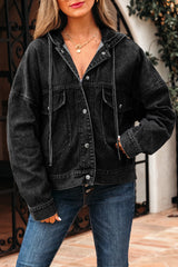 Black Big Chest Pocket Drop Shoulder Hooded Denim Jacket Denim Jackets JT's Designer Fashion