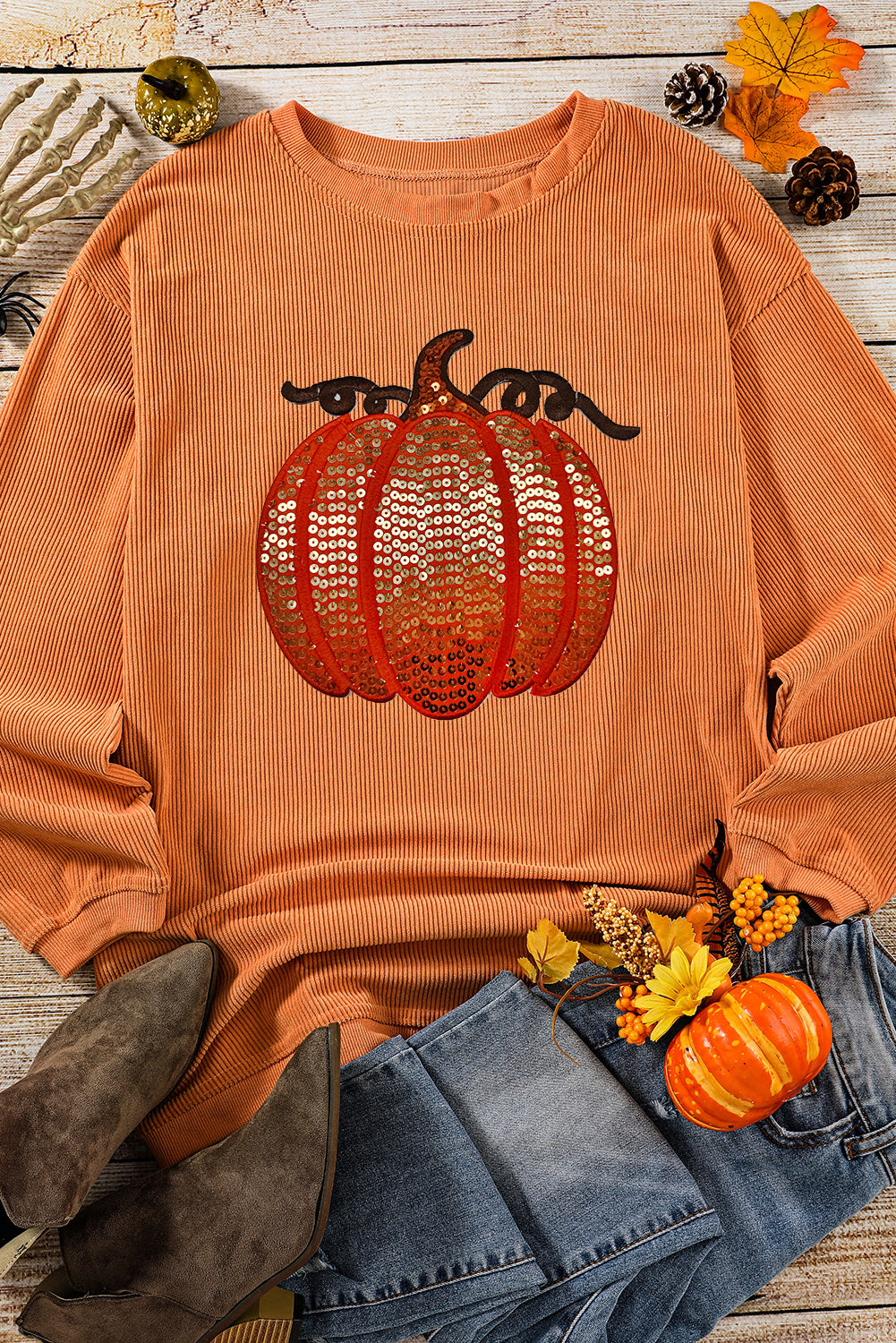 Orange Sequined Pumpkin Ribbed Round Neck Halloween Sweatshirt Graphic Sweatshirts JT's Designer Fashion