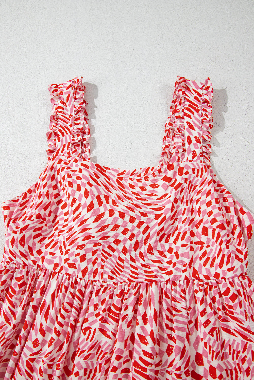 Pink Geometric Print Knot Back Sleeveless Ruffle Hem Dress Midi Dresses JT's Designer Fashion