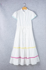 White Colorblock Rickrack Trim Short Sleeve Drawstring Waist Long Dress Maxi Dresses JT's Designer Fashion