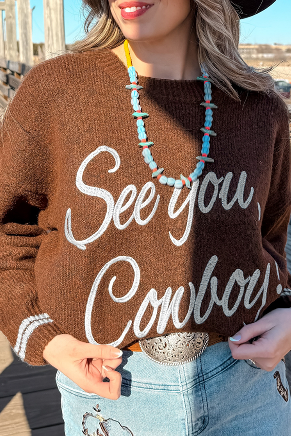 Coffee See You Cowboy Embroidered Western Graphic Sweater Coffee 52%Viscose+26%Polyester+22%Polyamide Sweaters JT's Designer Fashion