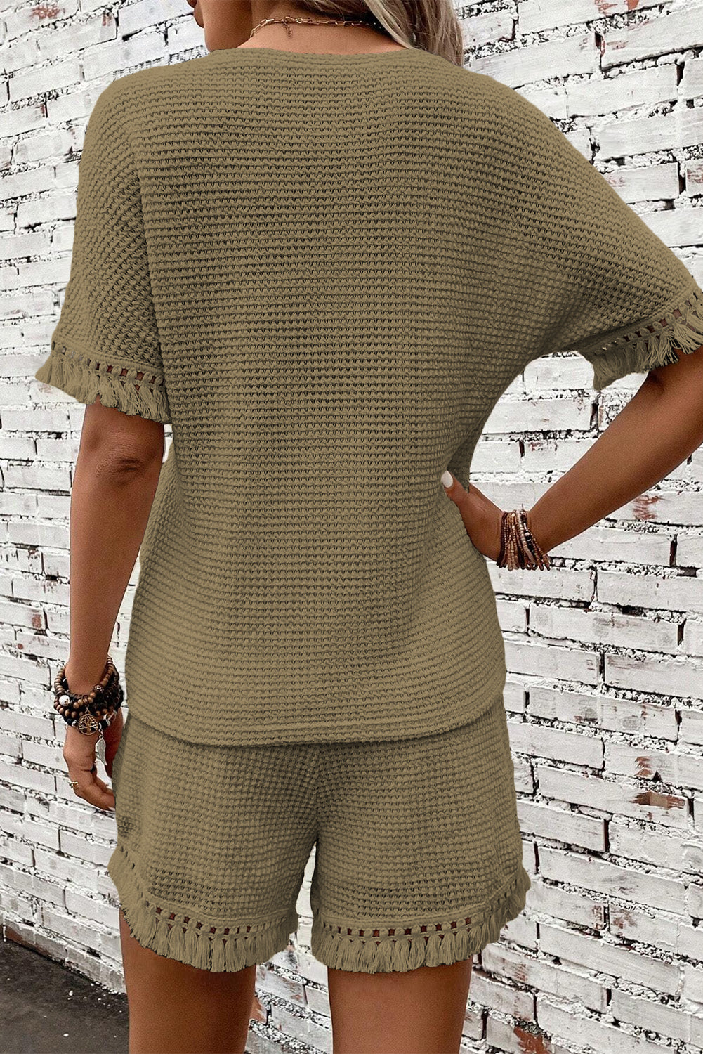 Laurel Green Fringe Trim Textured Short Two Piece Set Short Sets JT's Designer Fashion