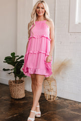 Pink Smocked Neck Knot Back Frilly Tiered Sleeveless Mini Dress Mini Dresses JT's Designer Fashion