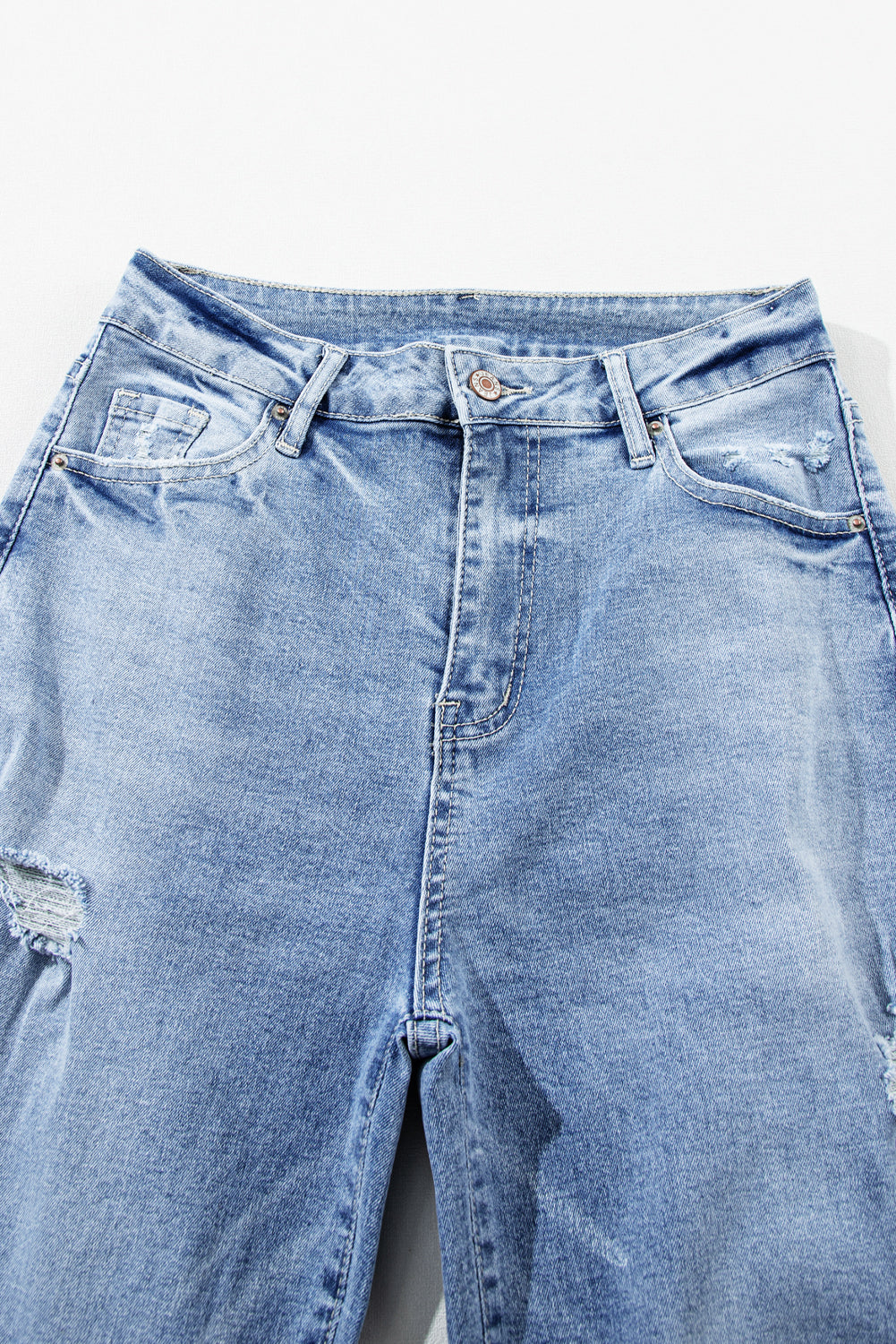 Light Blue High Rise Distressed Straight Leg Jeans Jeans JT's Designer Fashion
