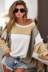 Khaki Exposed Seam Color Block Patchwork Top Long Sleeve Tops JT's Designer Fashion