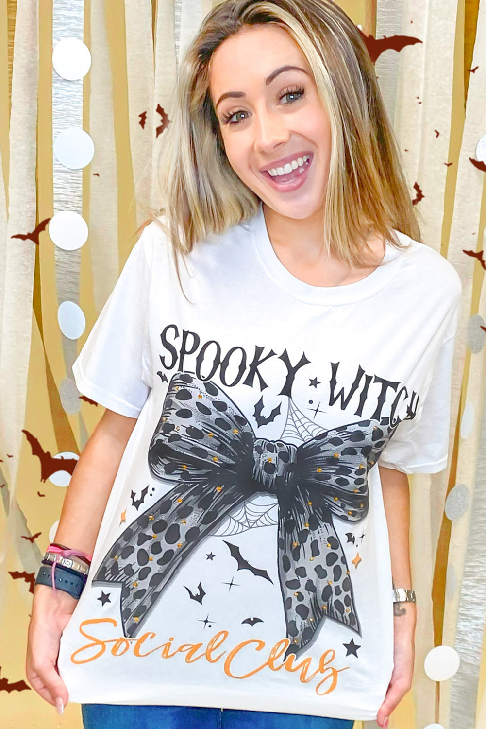White SPOOKY WITCH Leopard Bowknot Bat Graphic Halloween T Shirt Graphic Tees JT's Designer Fashion