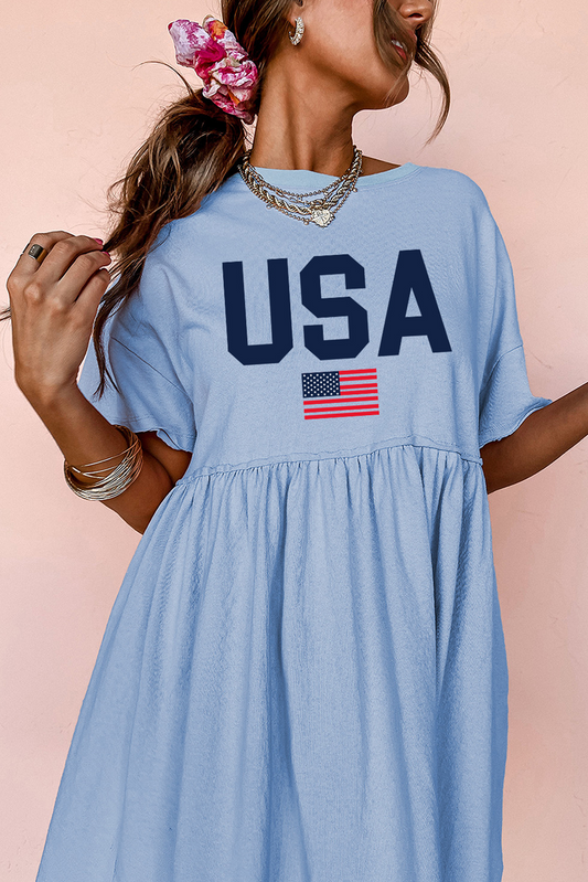 Sky Blue USA Flag Print Short Sleeve High Waist Babydoll Dress Graphic Dresses JT's Designer Fashion