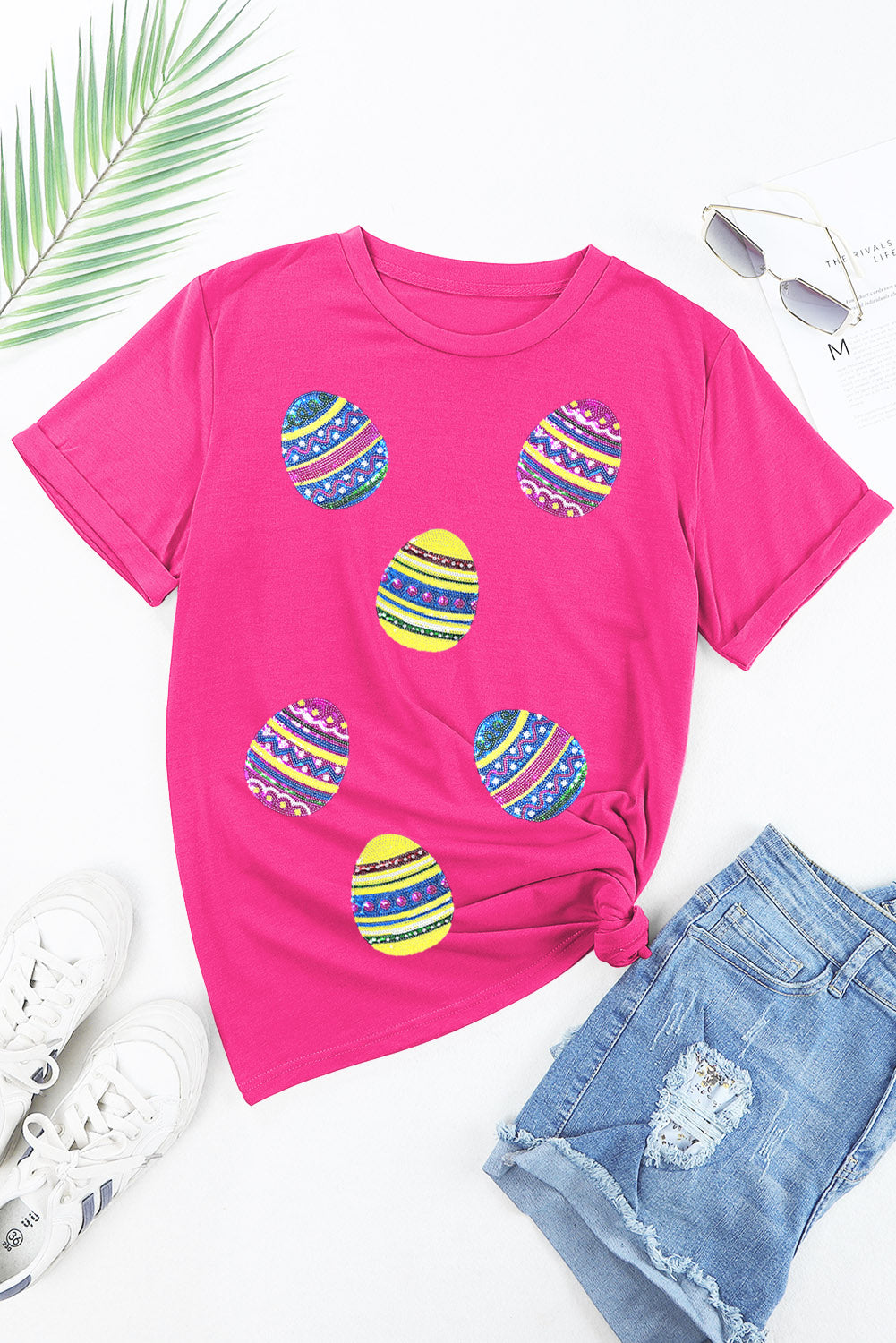Rose Red Sequin Easter Egg Graphic Casual T Shirt Graphic Tees JT's Designer Fashion