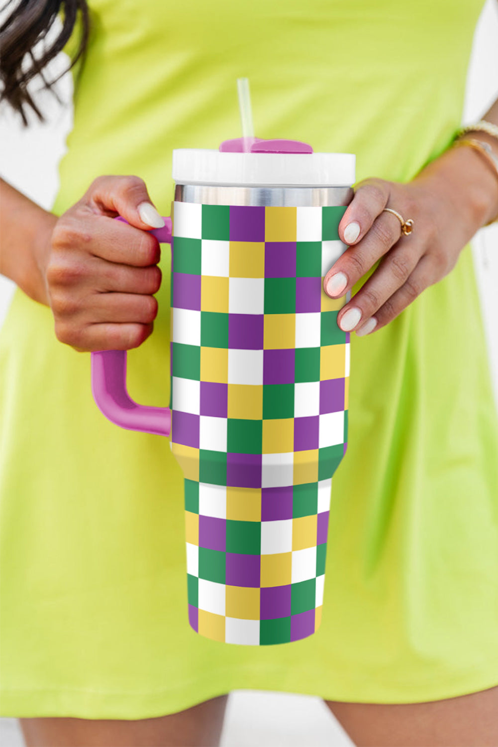 Tillandsia Purple Checkered Print Handle Large Vacuum Cup 40OZ Tumblers JT's Designer Fashion