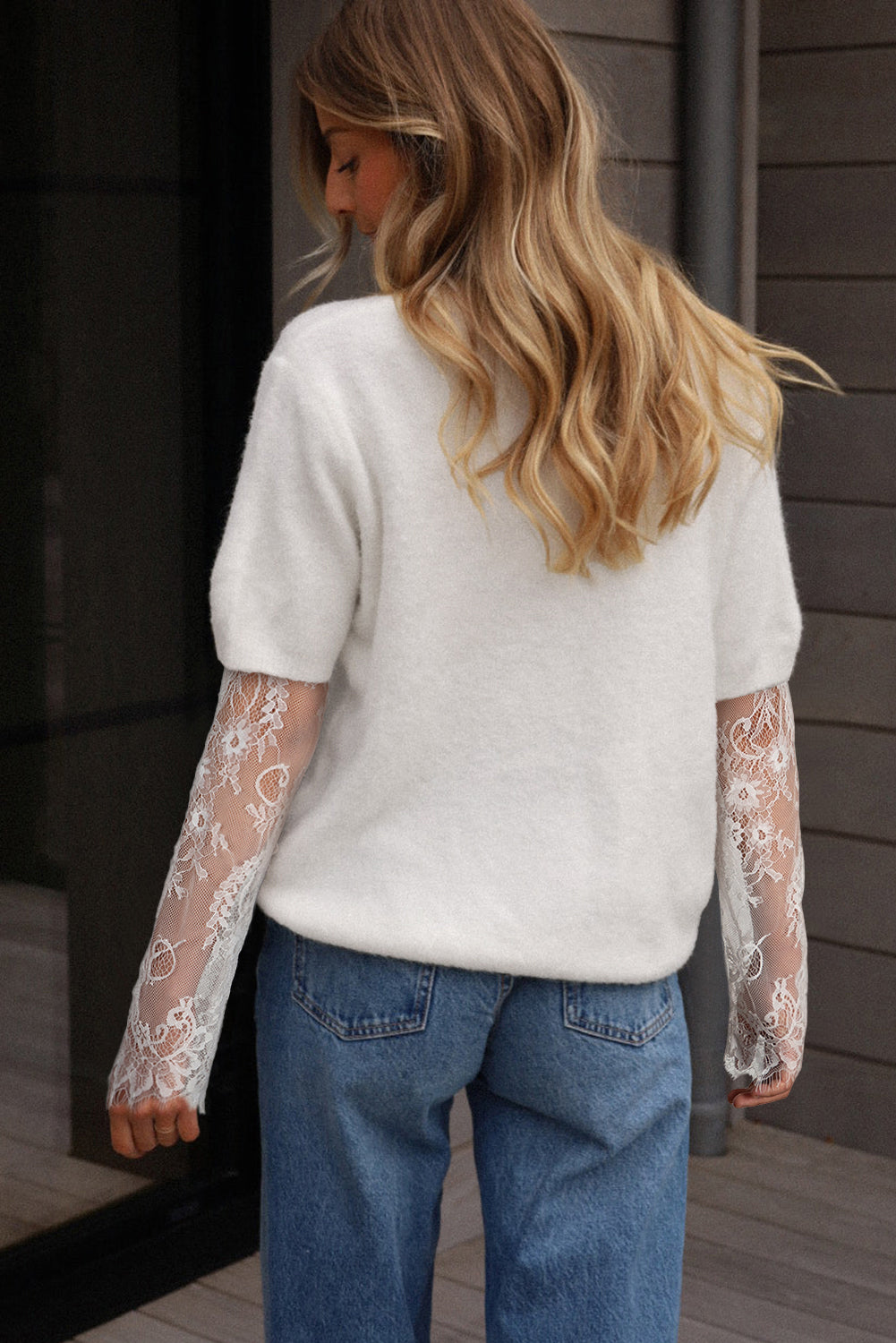 Beige Lace Sleeve Patchwork Faux Two-piece Fuzzy Sweater Sweaters JT's Designer Fashion