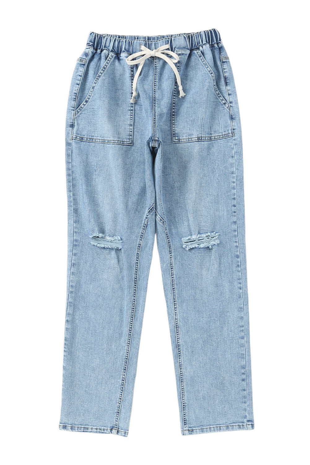 Sky Blue Gather Round Distressed Pocketed Denim Jogger Jeans JT's Designer Fashion