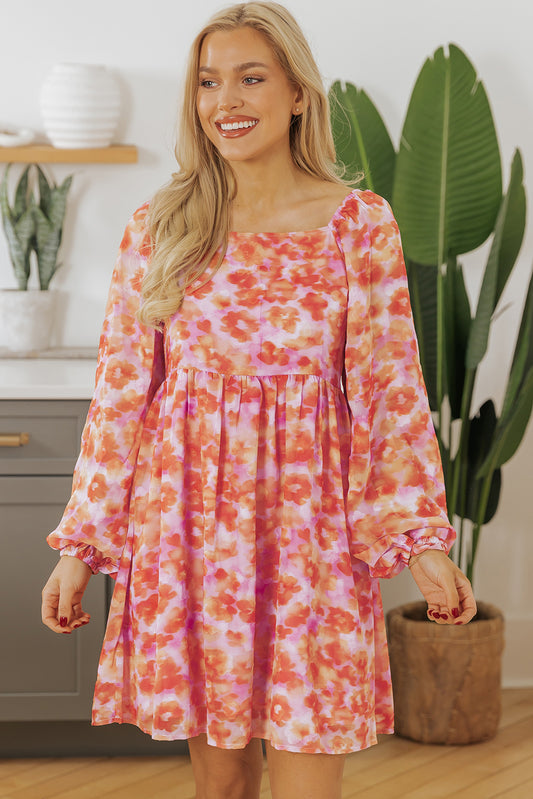 Rose Floral Print Square Neck High Waist Mini Dress Rose 100%Polyester Floral Dresses JT's Designer Fashion