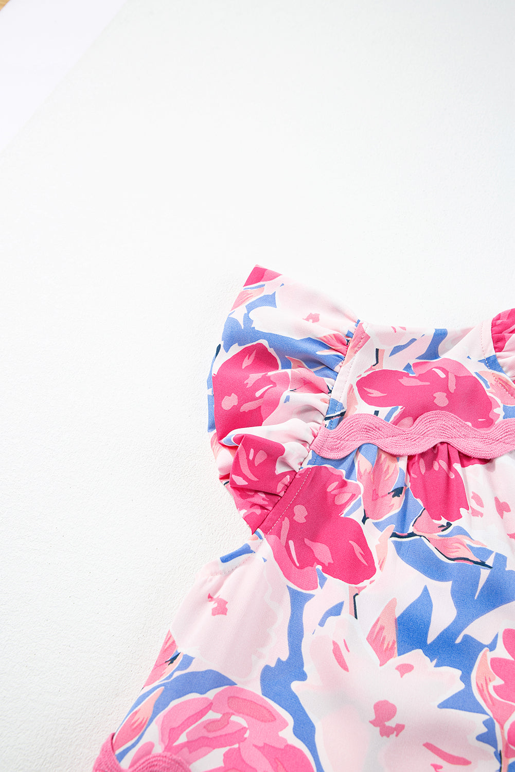 Pink Floral Printed V Notched Ric Rac Flutter Sleeve Dress Floral Dresses JT's Designer Fashion