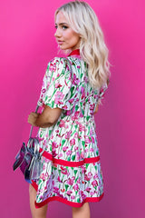 Pink Floral Print Contrast Trim V Neck Bubble Short Sleeve Babydoll Dress Floral Dresses JT's Designer Fashion